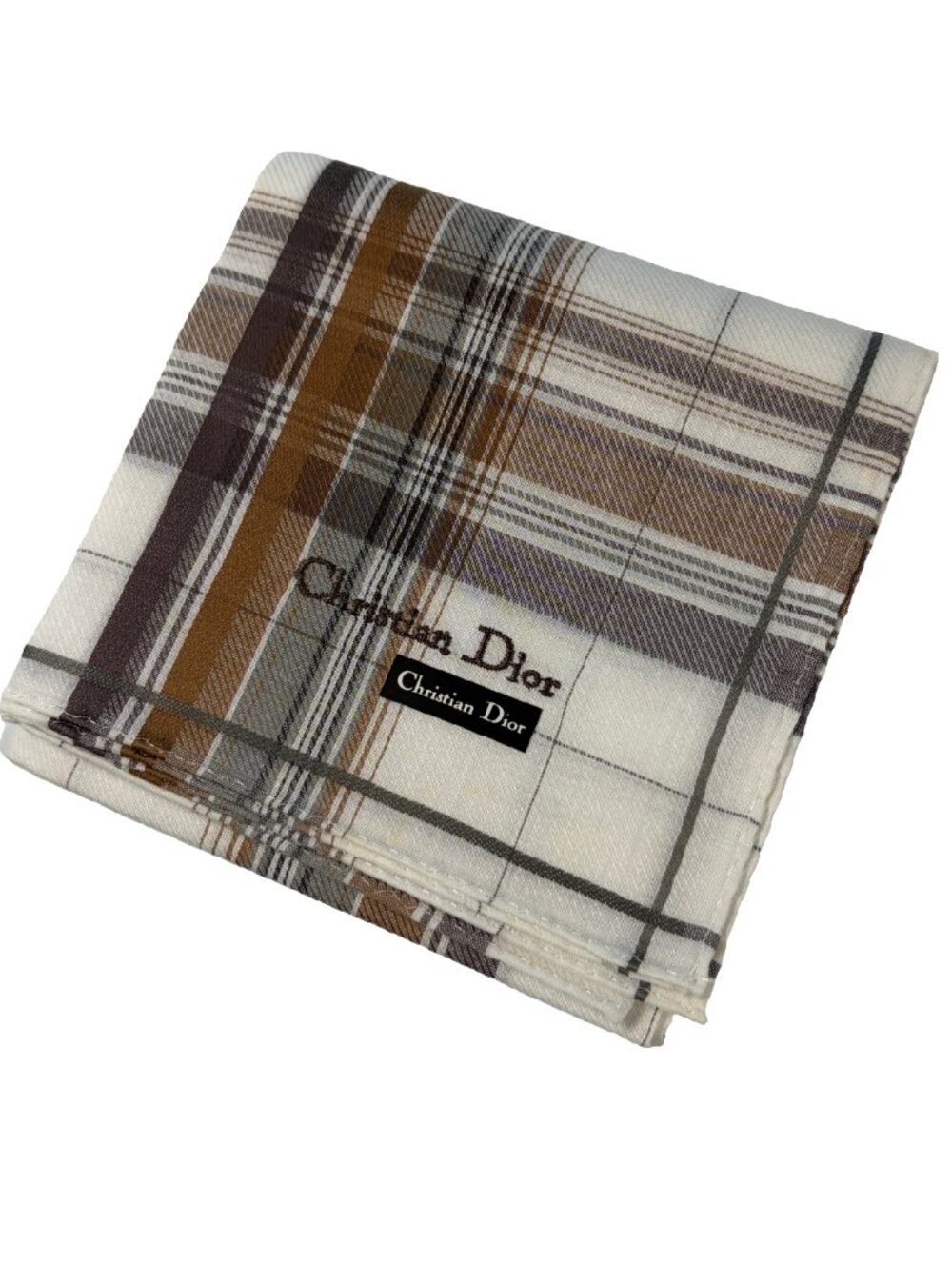 NWT Christian Dior Plaid Cotton Scarf 19" Square Embroidered Logo